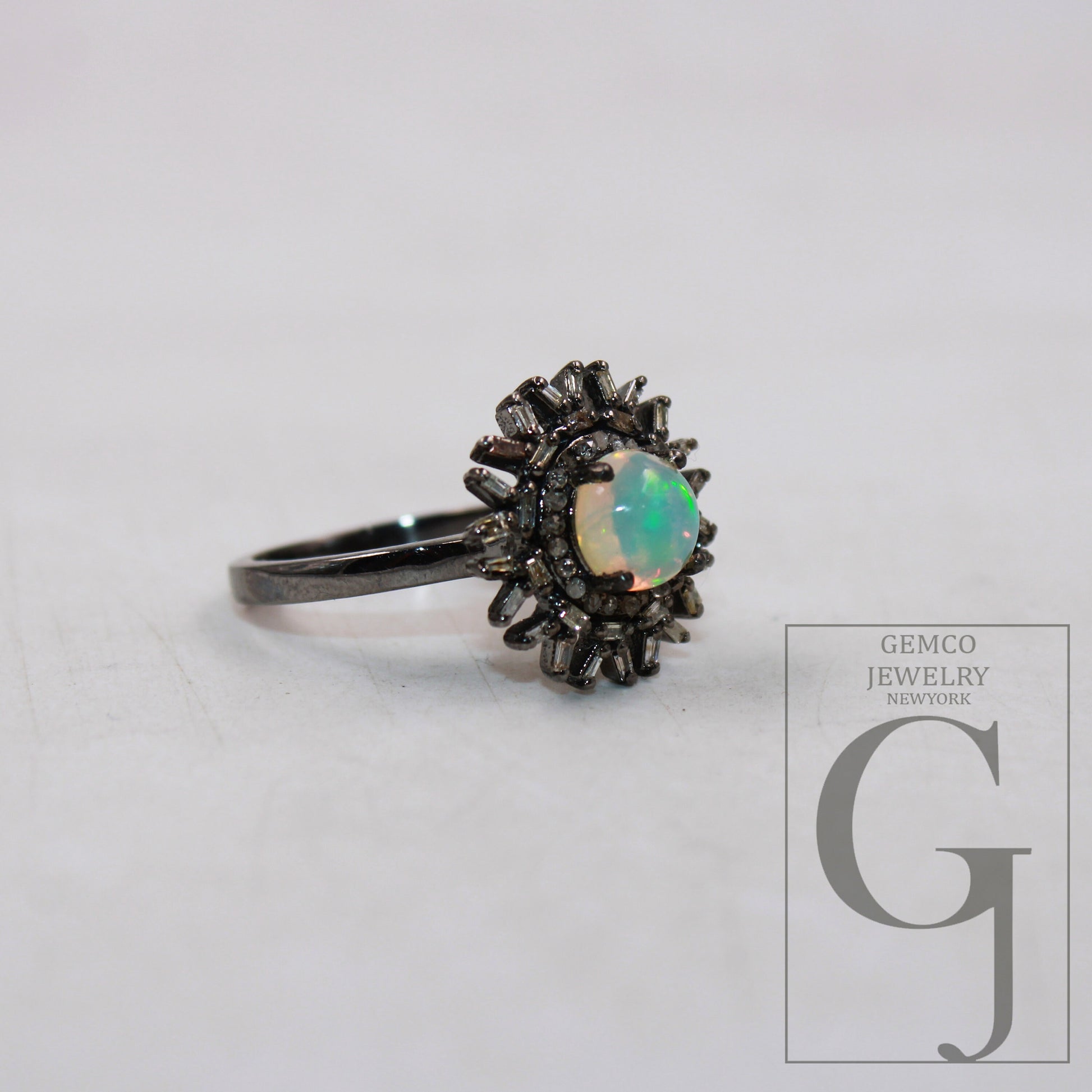 opal ring beautiful designer Rosecut pave diamond rings 925 sterling silver handmade silver finish Baguette diamond ring jewelry