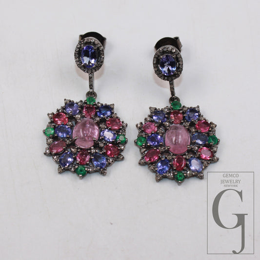 Pink tourmaline earring tanzanite earring emerald earring designer Rosecut pave diamond earring 925 sterling silver handmade silver finish diamond earring jewelry