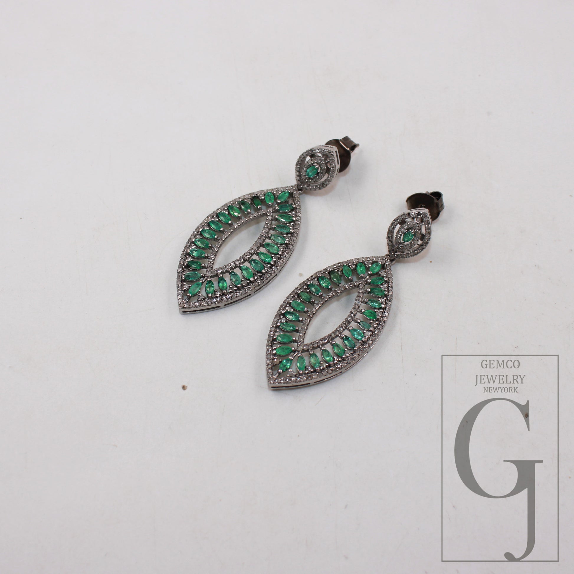 Oxidized look emerald earring designer Rosecut pave diamond earrings 925 sterling silver handmade silver finish diamond earring jewelry