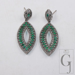 Oxidized look emerald earring designer Rosecut pave diamond earrings 925 sterling silver handmade silver finish diamond earring jewelry