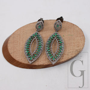 Oxidized look emerald earring designer Rosecut pave diamond earrings 925 sterling silver handmade silver finish diamond earring jewelry