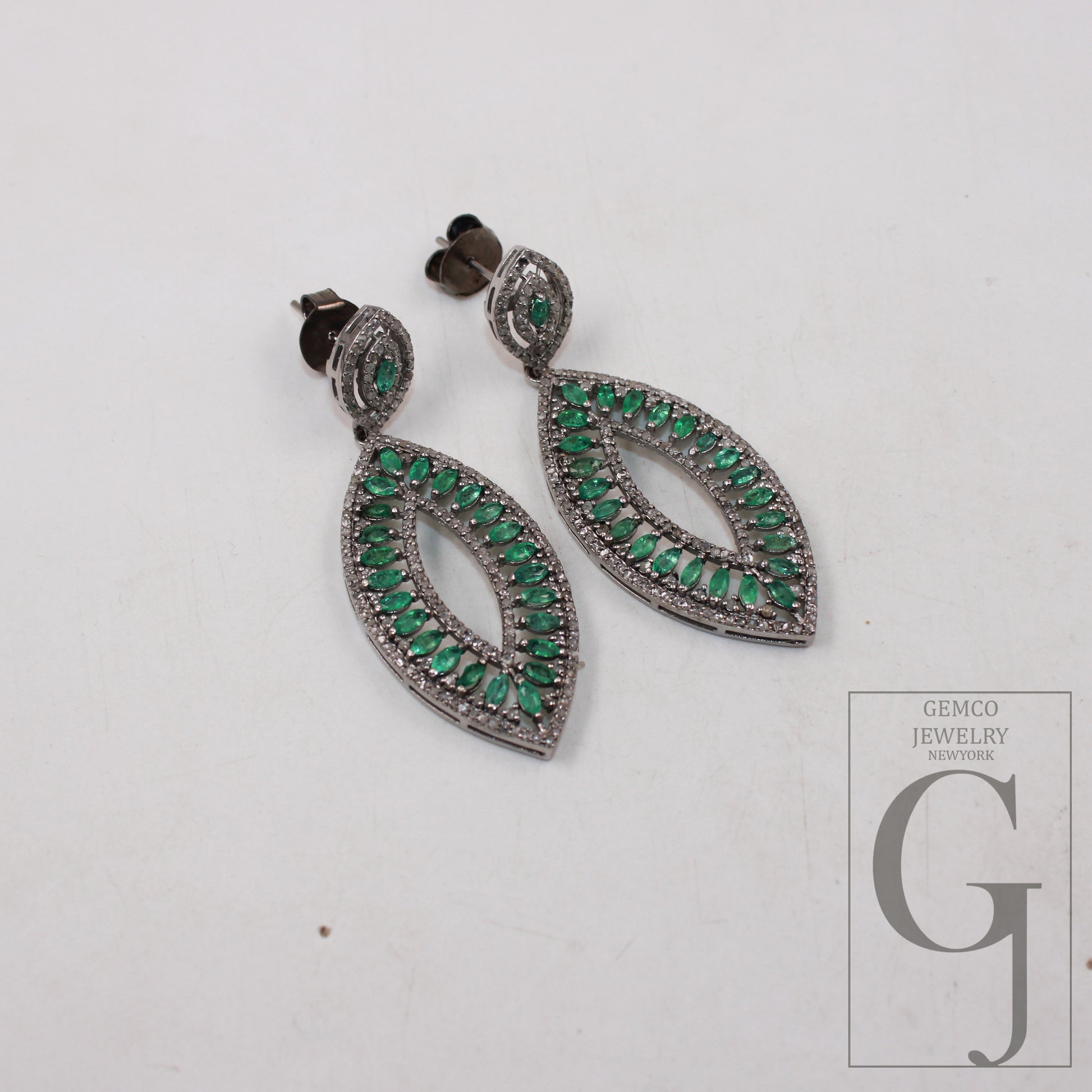 Oxidized look emerald earring designer Rosecut pave diamond earrings 925 sterling silver handmade silver finish diamond earring jewelry