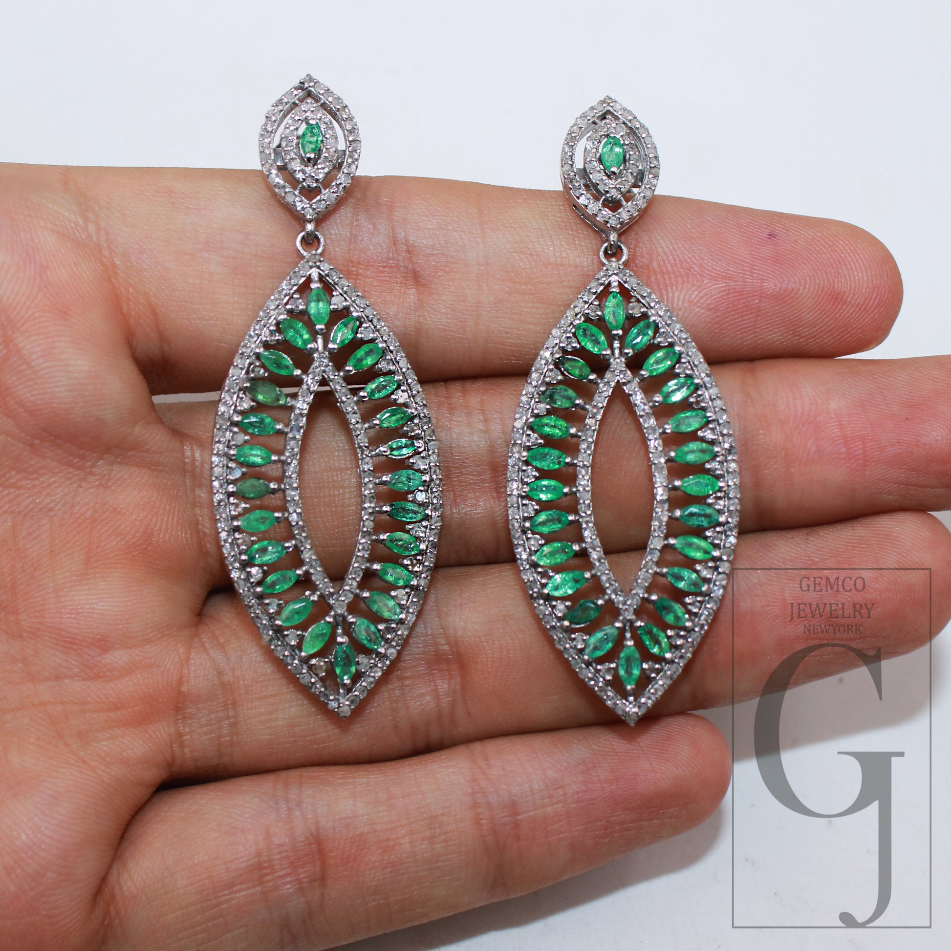 Oxidized look emerald earring designer Rosecut pave diamond earrings 925 sterling silver handmade silver finish diamond earring jewelry