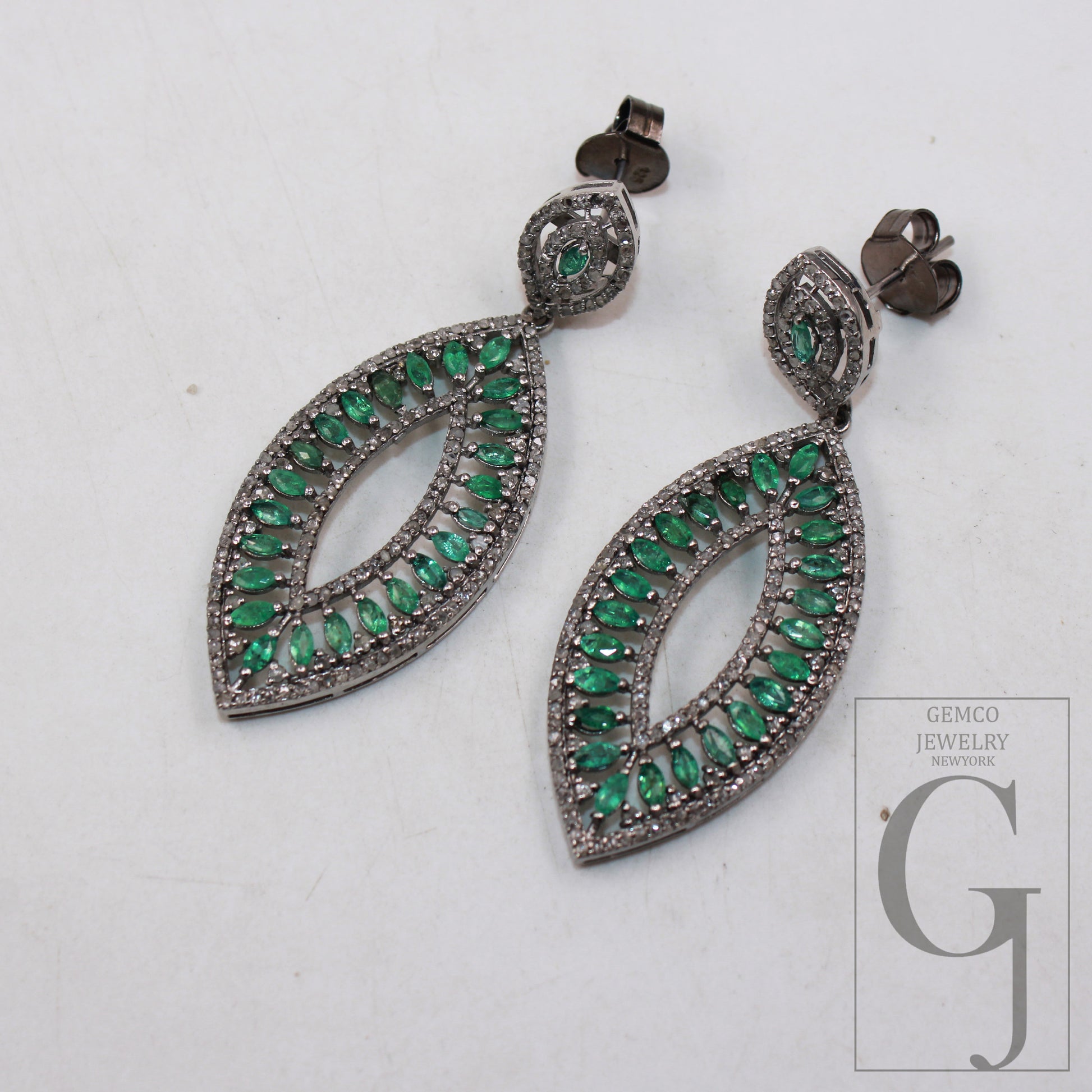 Oxidized look emerald earring designer Rosecut pave diamond earrings 925 sterling silver handmade silver finish diamond earring jewelry