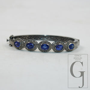 Antique Oxidized Look Tanzanite Bangle Rosecut Pave Diamond Bracelet 925 Sterling Silver Handmade Finish Diamond Bangle Bracelet Jewelry