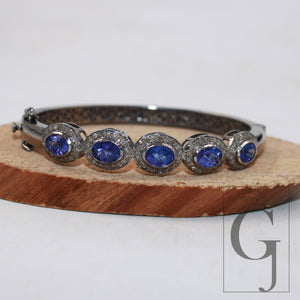 Antique Oxidized Look Tanzanite Bangle Rosecut Pave Diamond Bracelet 925 Sterling Silver Handmade Finish Diamond Bangle Bracelet Jewelry