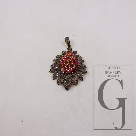 rubellite Pink tourmaline pendant designer Rosecut pave diamond pendant 925 sterling silver handmade finish diamond charm necklace pendant jewelry