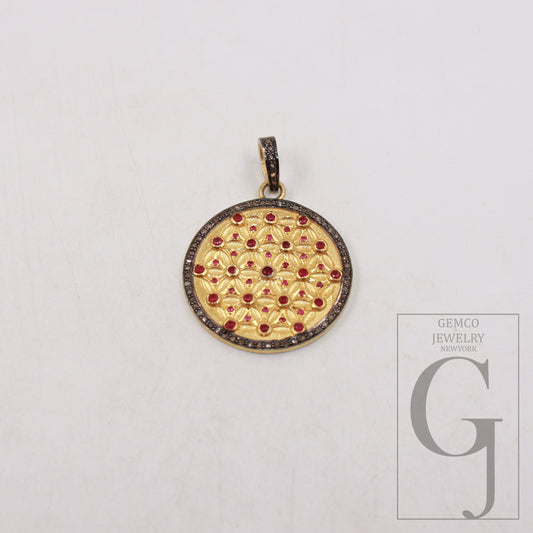 1pc Vermeil gold red ruby pendant designer Rosecut pave diamond pendant 925 sterling silver handmade finish diamond pendant charm jewelry