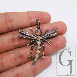 1pc Dragonfly designer opal pendant Rosecut pave diamond pendant 925 sterling silver handmade finish diamond charms necklace pendant jewelry