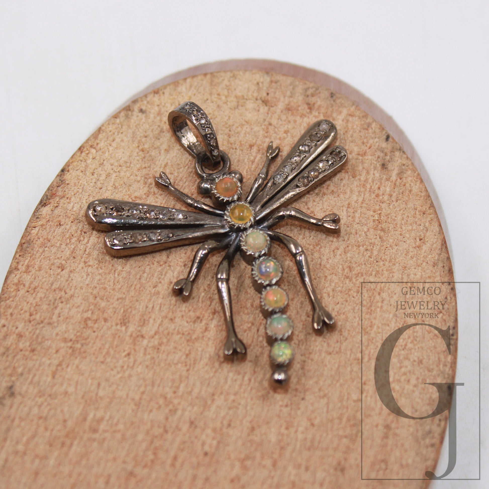 1pc Dragonfly designer opal pendant Rosecut pave diamond pendant 925 sterling silver handmade finish diamond charms necklace pendant jewelry