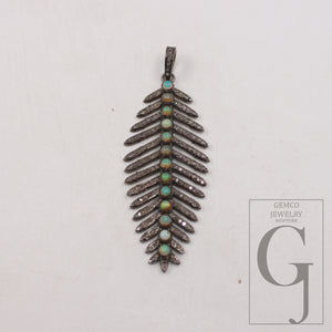 Leaf design Opal stone pendant Pave diamond rosecut pendant 925 sterling silver pendant handmade diamond pendant jewelry