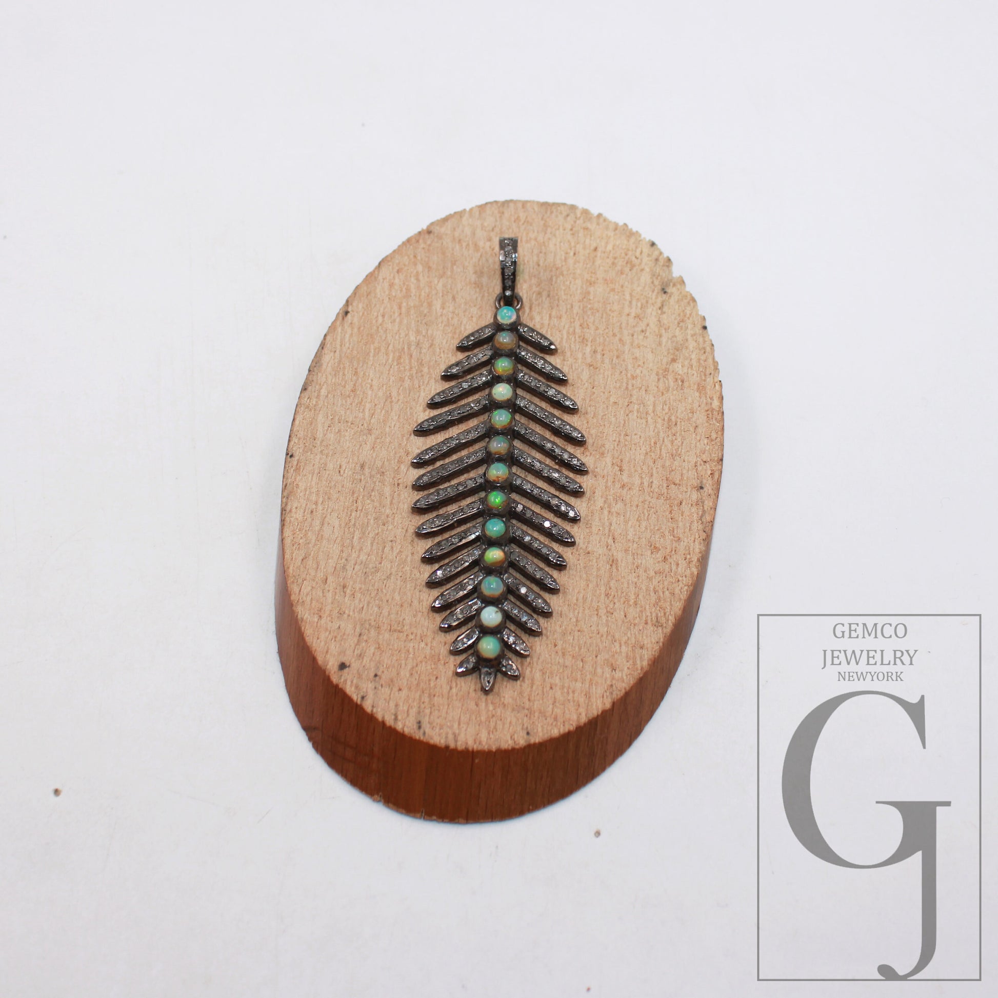 Oxidized Antique Leaf design Opal stone pendant Pave diamond rosecut pendant 925 sterling silver pendant handmade diamond pendant jewelry