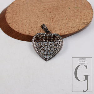 Baguette diamond designer heart love pendant Rosecut pave diamond pendant 925 sterling silver handmade finish diamond charm necklace pendant
