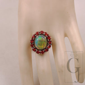 Beautiful designer natural fire opal ruby ring Rosecut pave diamond rings 925 sterling silver handmade silver finish diamond ring jewelry