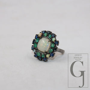 Designer natural fire opal emerald blue sapphire ring Rosecut pave diamond ring 925 sterling handmade silver finish diamond ring jewelry