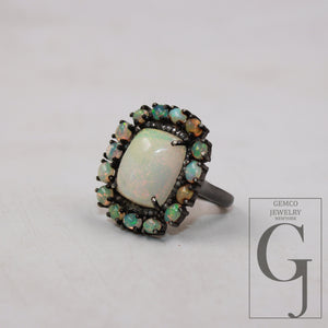 Oxidized finish natural milky opal ring designer Rosecut pave diamond rings 925 sterling silver handmade silver finish diamond ring jewelry