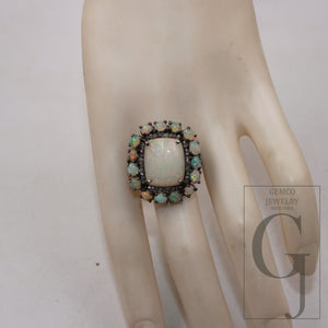 Oxidized finish natural milky opal ring designer Rosecut pave diamond rings 925 sterling silver handmade silver finish diamond ring jewelry