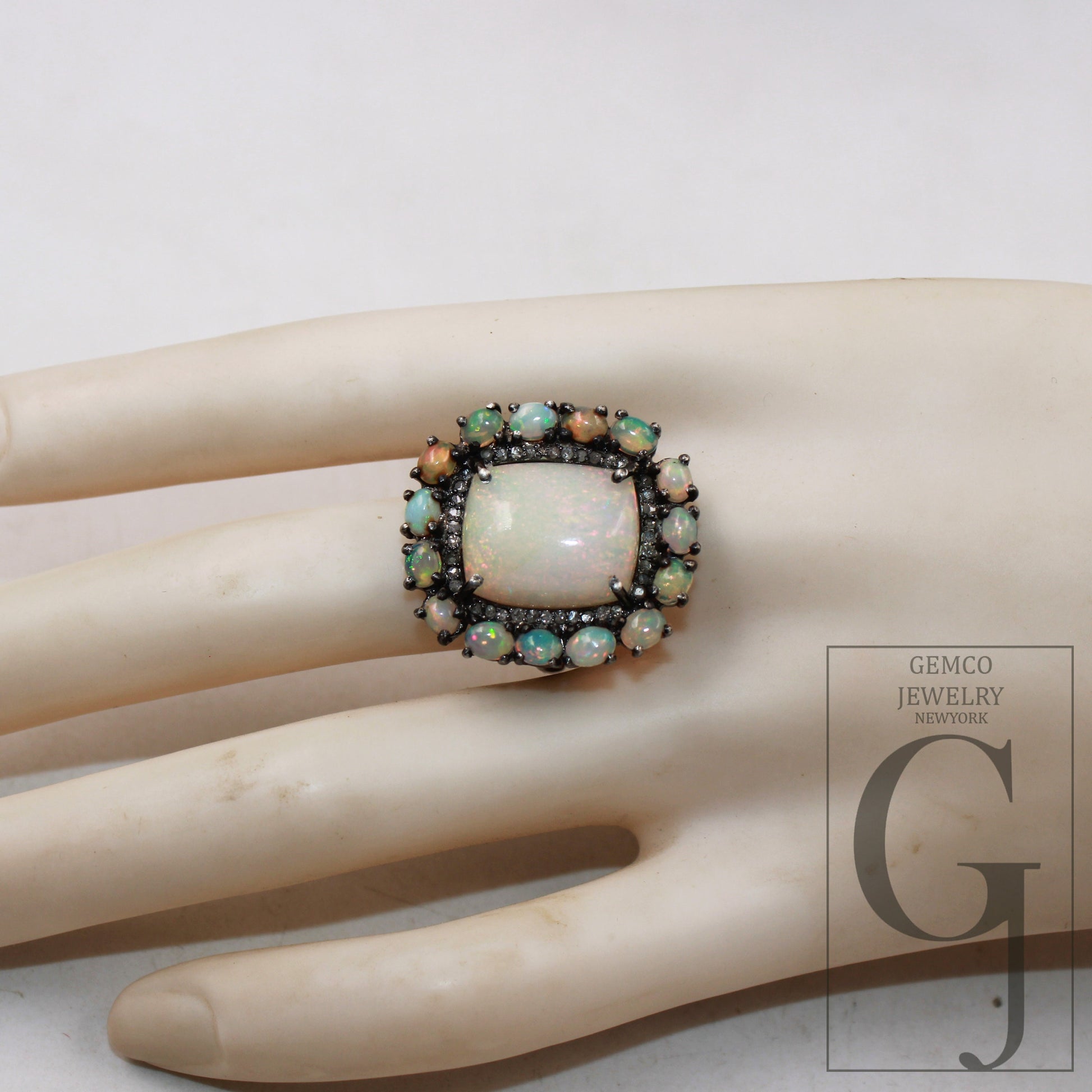 Oxidized finish natural milky opal ring designer Rosecut pave diamond rings 925 sterling silver handmade silver finish diamond ring jewelry