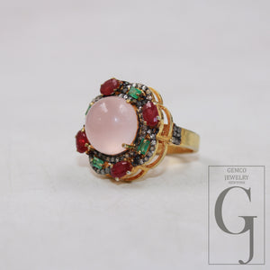 14k gold designer rose quartz ring ruby emerald ring Rosecut pave diamond rings 925 sterling silver handmade silver finish diamond jewelry