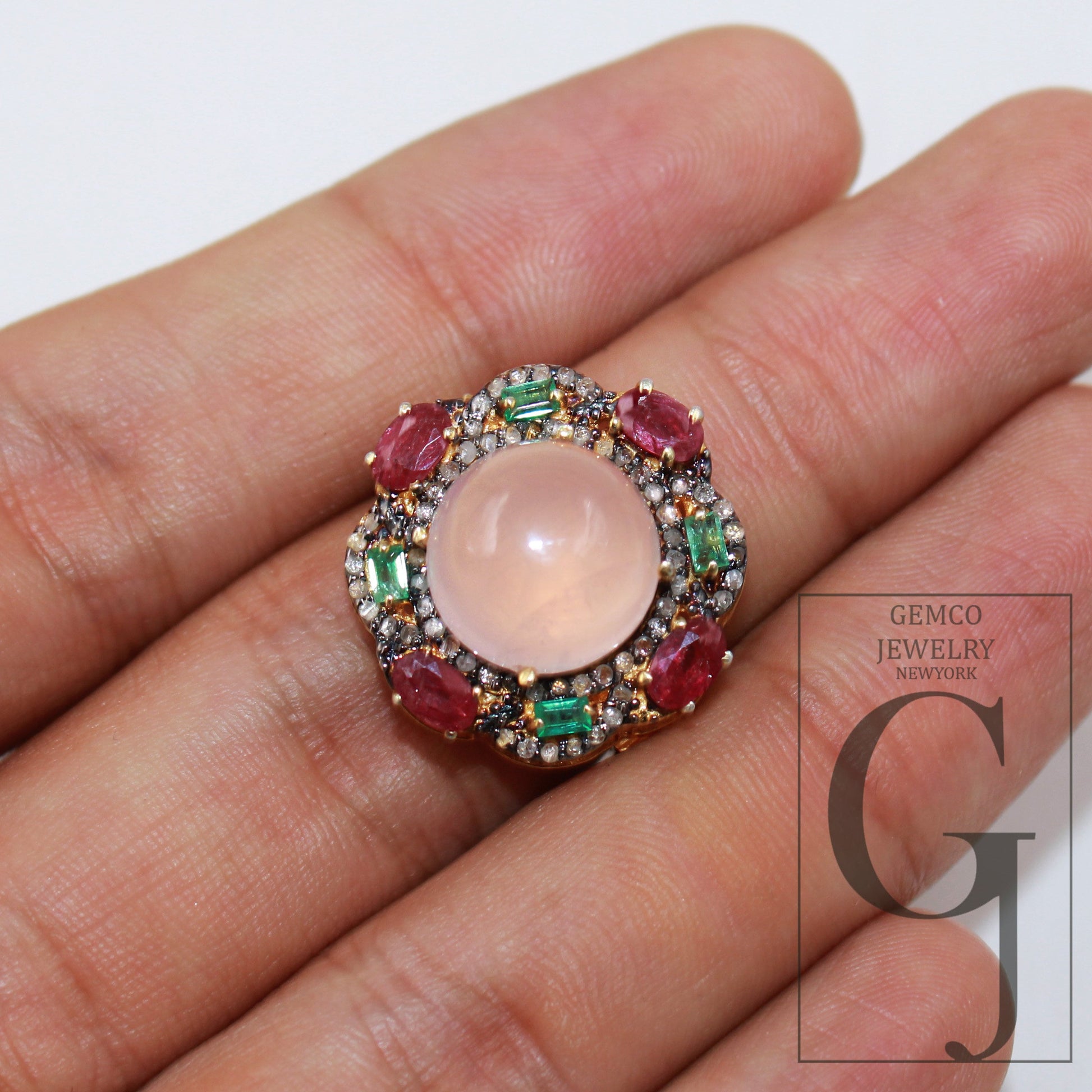 14k gold designer rose quartz ring ruby emerald ring Rosecut pave diamond rings 925 sterling silver handmade silver finish diamond jewelry