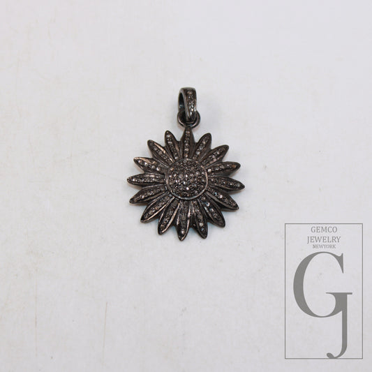 1pc oxidized sunflower pendant Pave diamond rosecut pendant 925 sterling silver pendant handmade diamond pendant jewelry necklace chamrs