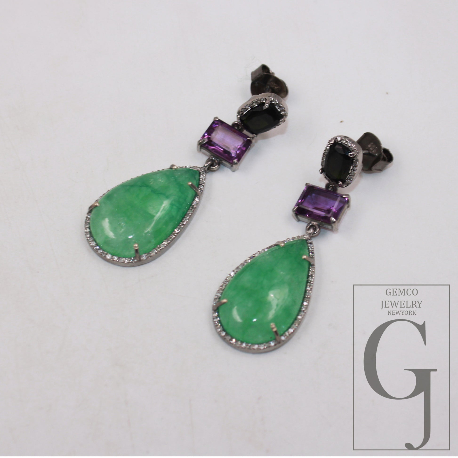 Emerald tourmaline and amethyst designer earring Rosecut pave diamond earrings 925 sterling silver handmade silver finish diamond earring