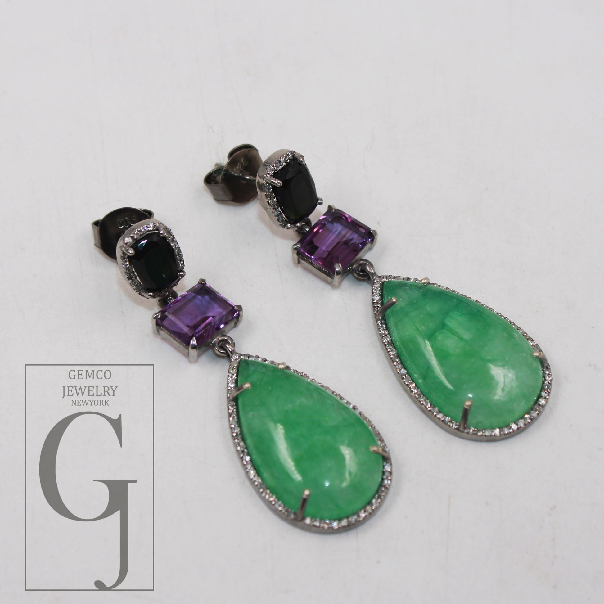 Emerald tourmaline and amethyst designer earring Rosecut pave diamond earrings 925 sterling silver handmade silver finish diamond earring