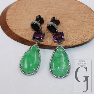 Emerald tourmaline and amethyst designer earring Rosecut pave diamond earrings 925 sterling silver handmade silver finish diamond earring