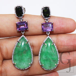 Emerald tourmaline and amethyst designer earring Rosecut pave diamond earrings 925 sterling silver handmade silver finish diamond earring