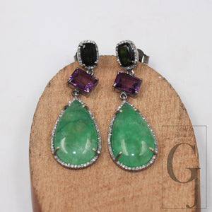 Emerald Tourmaline And Amethyst Designer Earring Rosecut Pave Diamond Earrings 925 Sterling Silver Handmade Silver Finish Diamond Earring