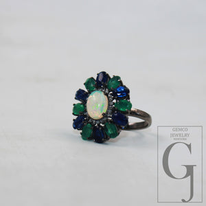 Oxidized finish natural opal emerald kyanite ring designer Rosecut pave diamond ring 925 sterling silver handmade silver finish diamond ring