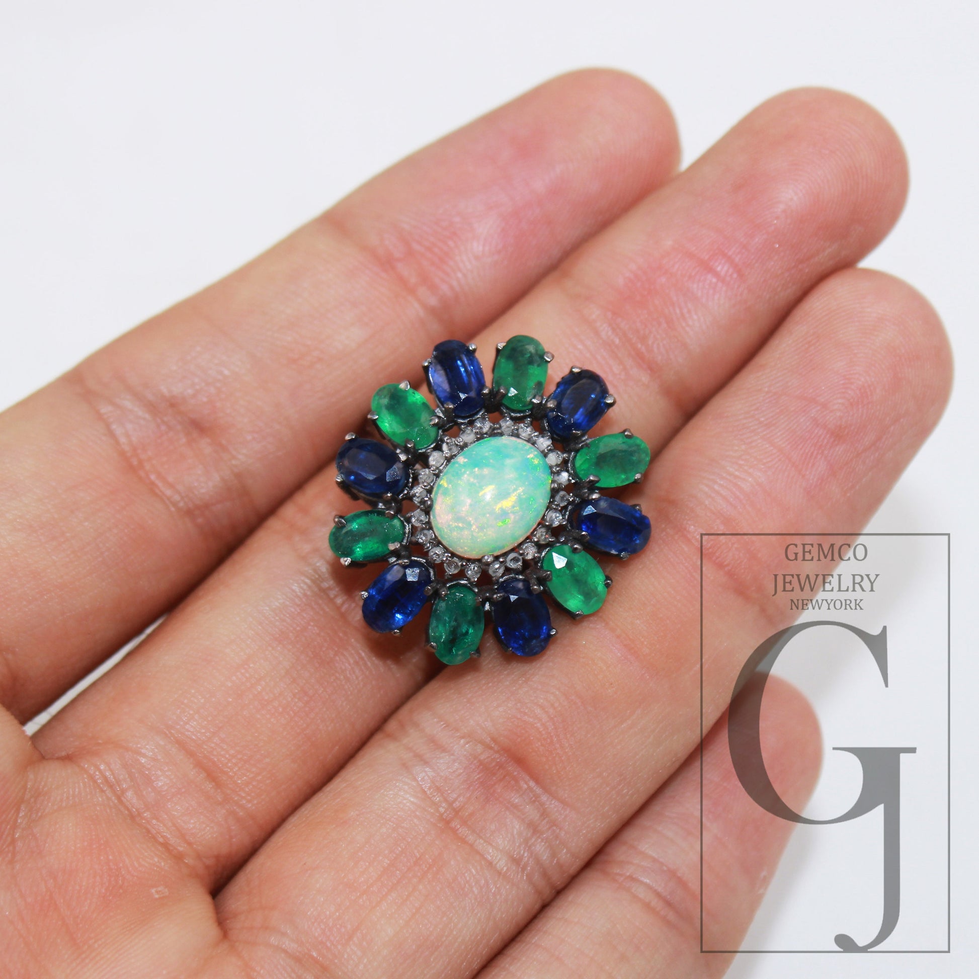 Oxidized finish natural opal emerald kyanite ring designer Rosecut pave diamond ring 925 sterling silver handmade silver finish diamond ring