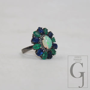 Oxidized Finish Natural Opal Emerald Kyanite Ring Designer Rosecut Pave Diamond Ring 925 Sterling Silver Handmade Silver Finish Diamond Ring