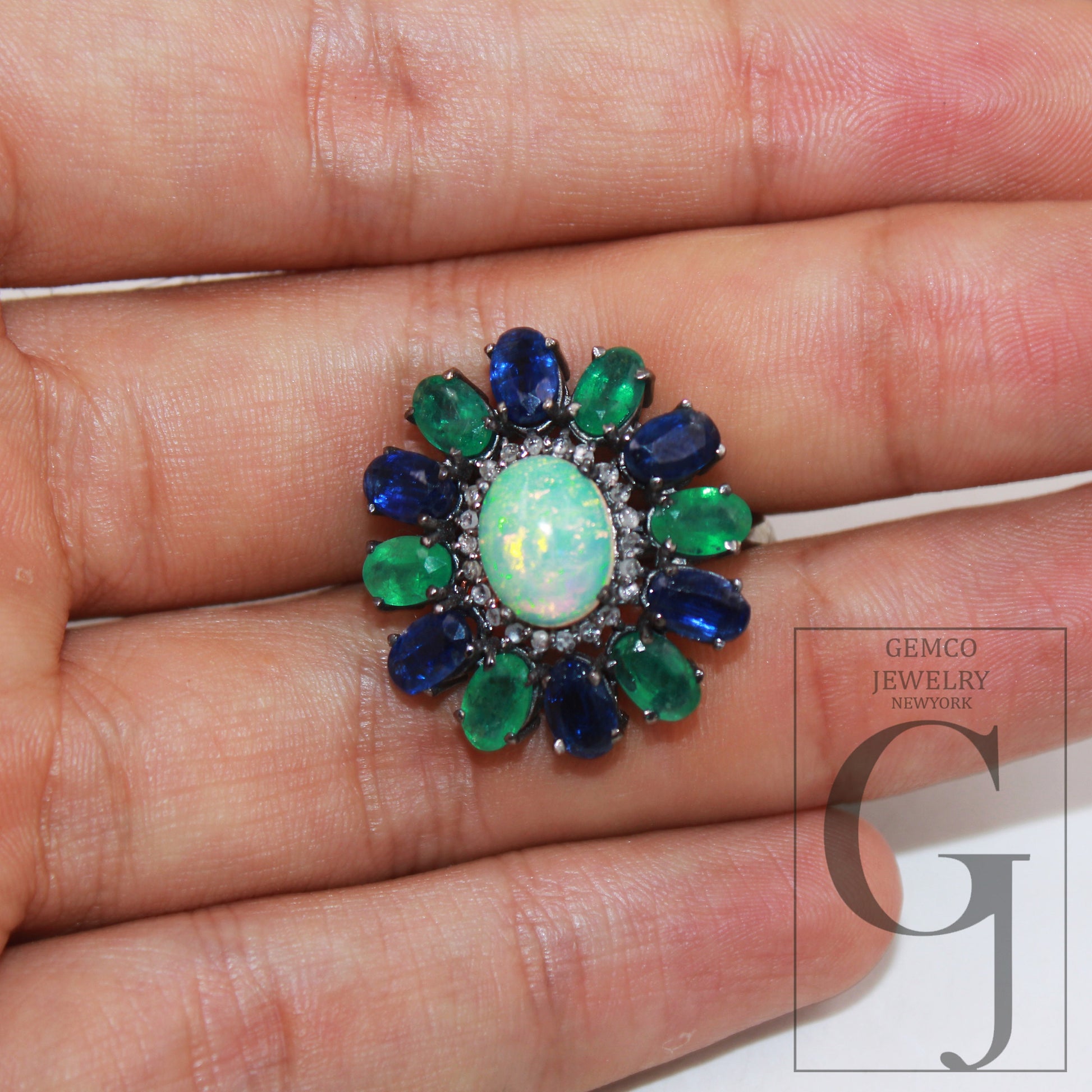 Oxidized finish natural opal emerald kyanite ring designer Rosecut pave diamond ring 925 sterling silver handmade silver finish diamond ring