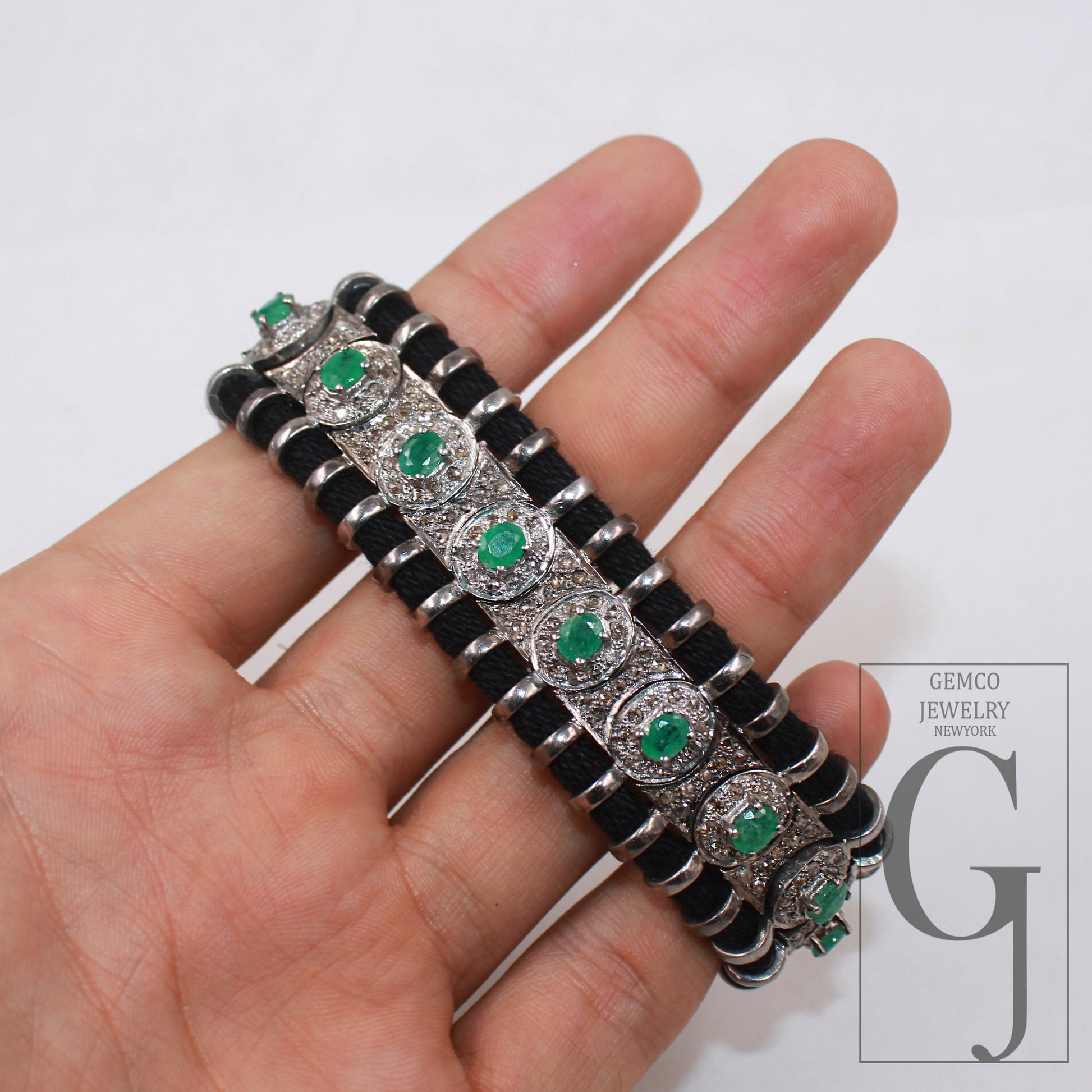 Green emerald design thread bracelet Rosecut pave diamond thread bangle bracelet 925 sterling silver handmade finish bangle macrame bracelet