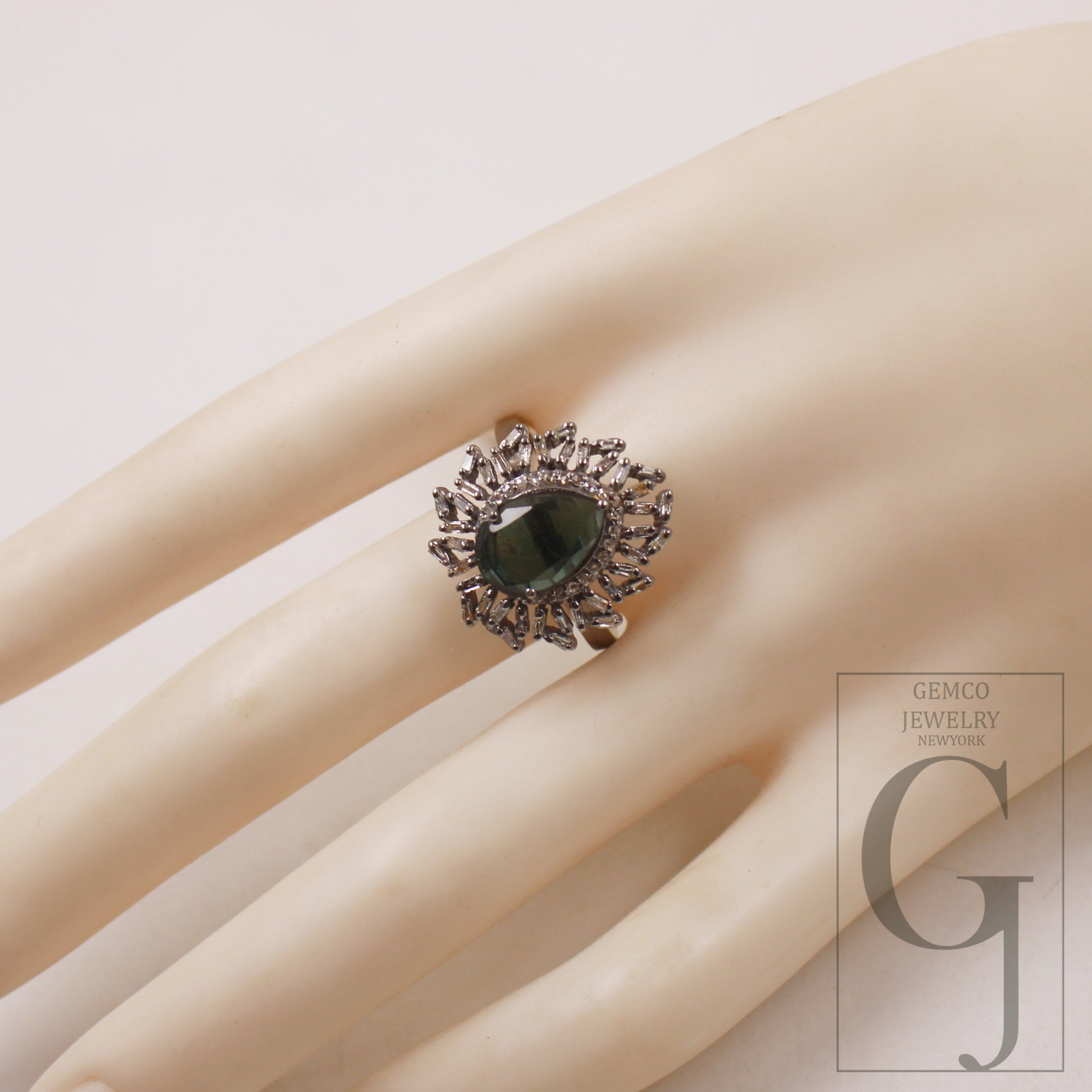 Beautiful green tourmaline ring designer Rosecut pave diamond rings 925 sterling silver handmade silver finish Baguette diamond ring jewelry