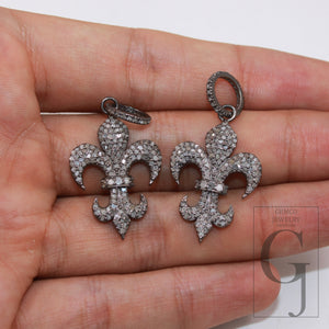 1pc Fleur-de-lys pendant Pave diamond rosecut pendant 925 sterling silver pendant handmade  baguette diamond pendant jewelry France