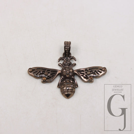Antique look oxidized bee pendant designer Rosecut pave diamond pendant 925 sterling silver handmade finish diamond jewelry necklace pendant