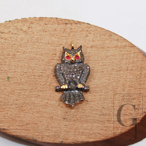 1pc animal figure golden owl shaped pendant Pave diamond rosecut pendant 925 sterling silver pendant handmade diamond pendant charm jewelry