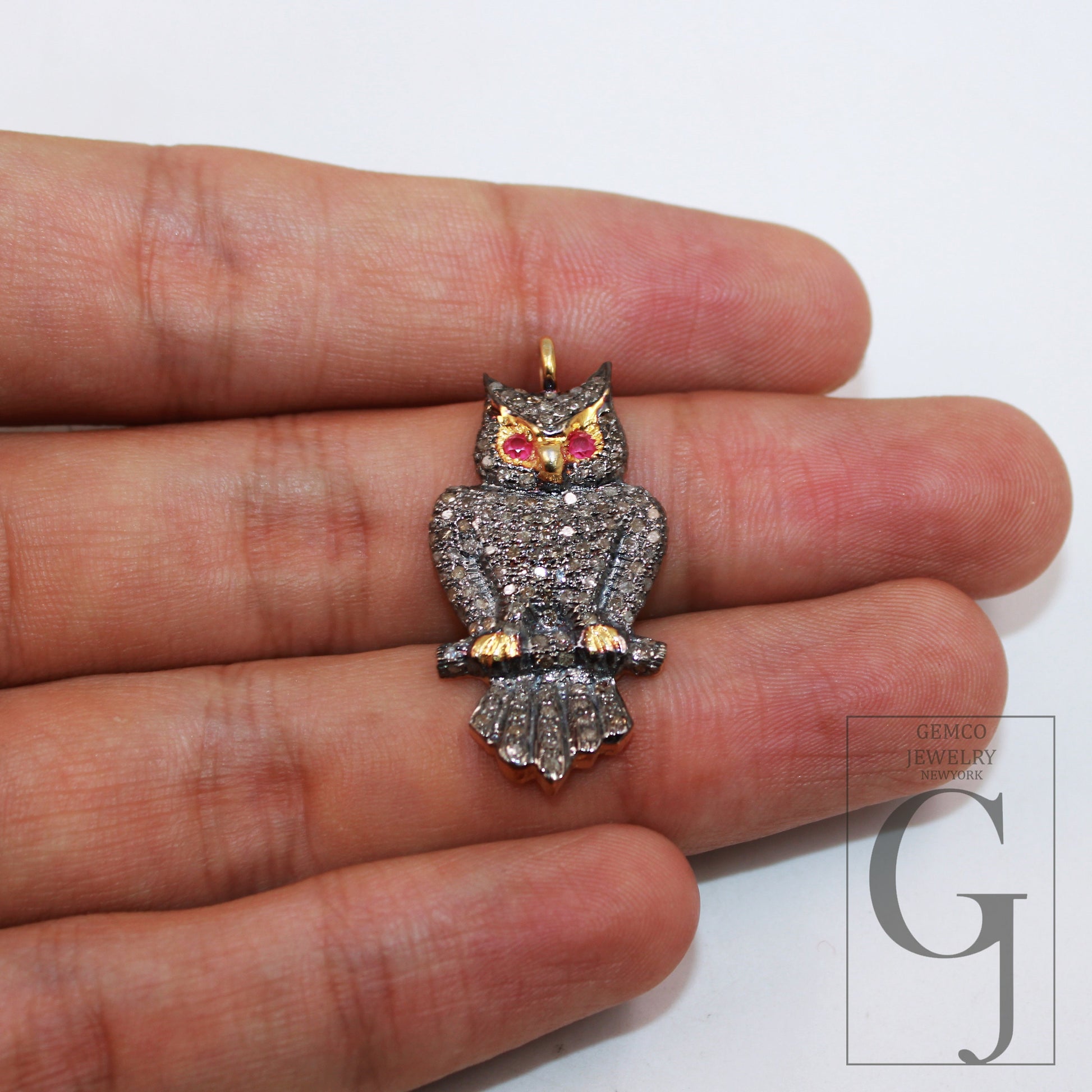 1pc animal figure golden owl shaped pendant Pave diamond rosecut pendant 925 sterling silver pendant handmade diamond pendant charm jewelry