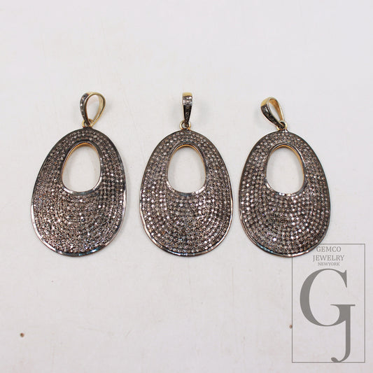 1pc Vermeil Gold Oval shaped rosecut pave diamond pendant 925 sterling silver handmade finish diamond pendant jewelry charms