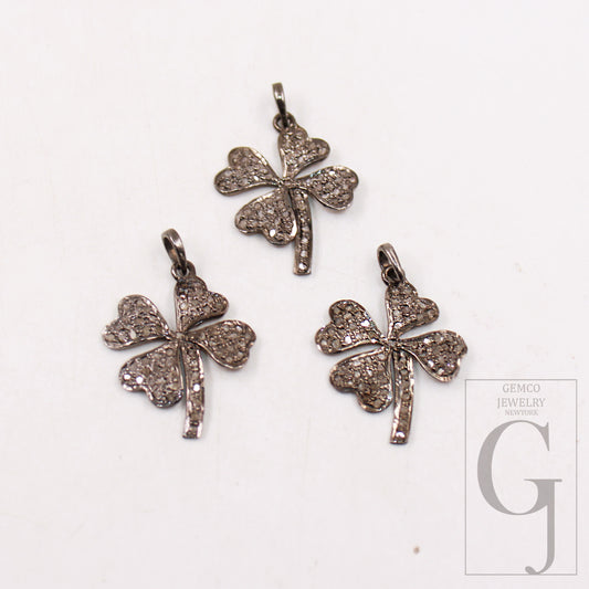 Oxidized lucky leaf clover pendant Pave diamond rosecut pendant 925 sterling silver pendant handmade diamond pendant charm jewelry supplies