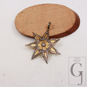 14k gold finish Starburst pendant designer Rosecut pave diamond pendant sterling silver handmade finish flat diamond jewelry polki pendant