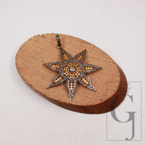 14k gold finish Starburst pendant designer Rosecut pave diamond pendant sterling silver handmade finish flat diamond jewelry polki pendant