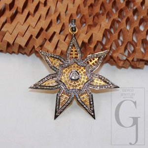 14k gold finish Starburst pendant designer Rosecut pave diamond pendant sterling silver handmade finish flat diamond jewelry polki pendant
