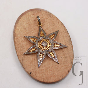 14k gold finish Starburst pendant designer Rosecut pave diamond pendant sterling silver handmade finish flat diamond jewelry polki pendant