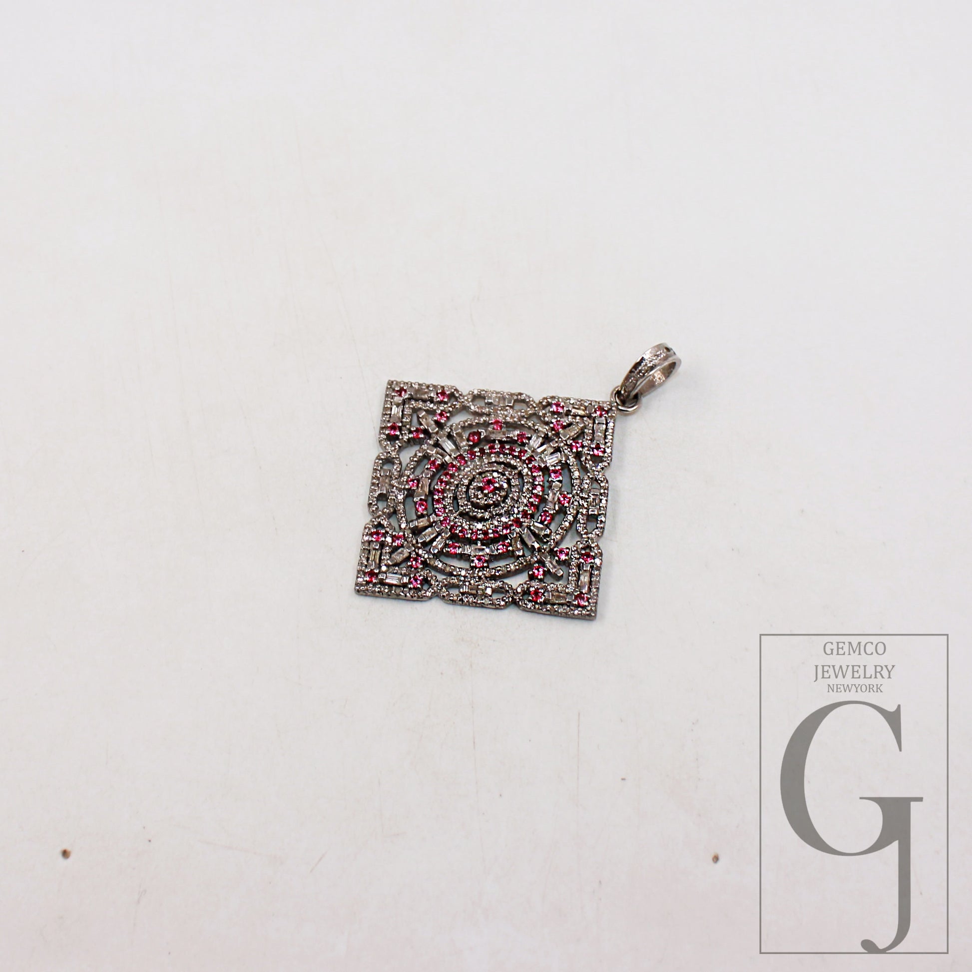 Pink sapphire pendant baguette diamond pendant Rosecut pave diamond pendant sterling silver handmade finish design diamond pendant jewelry