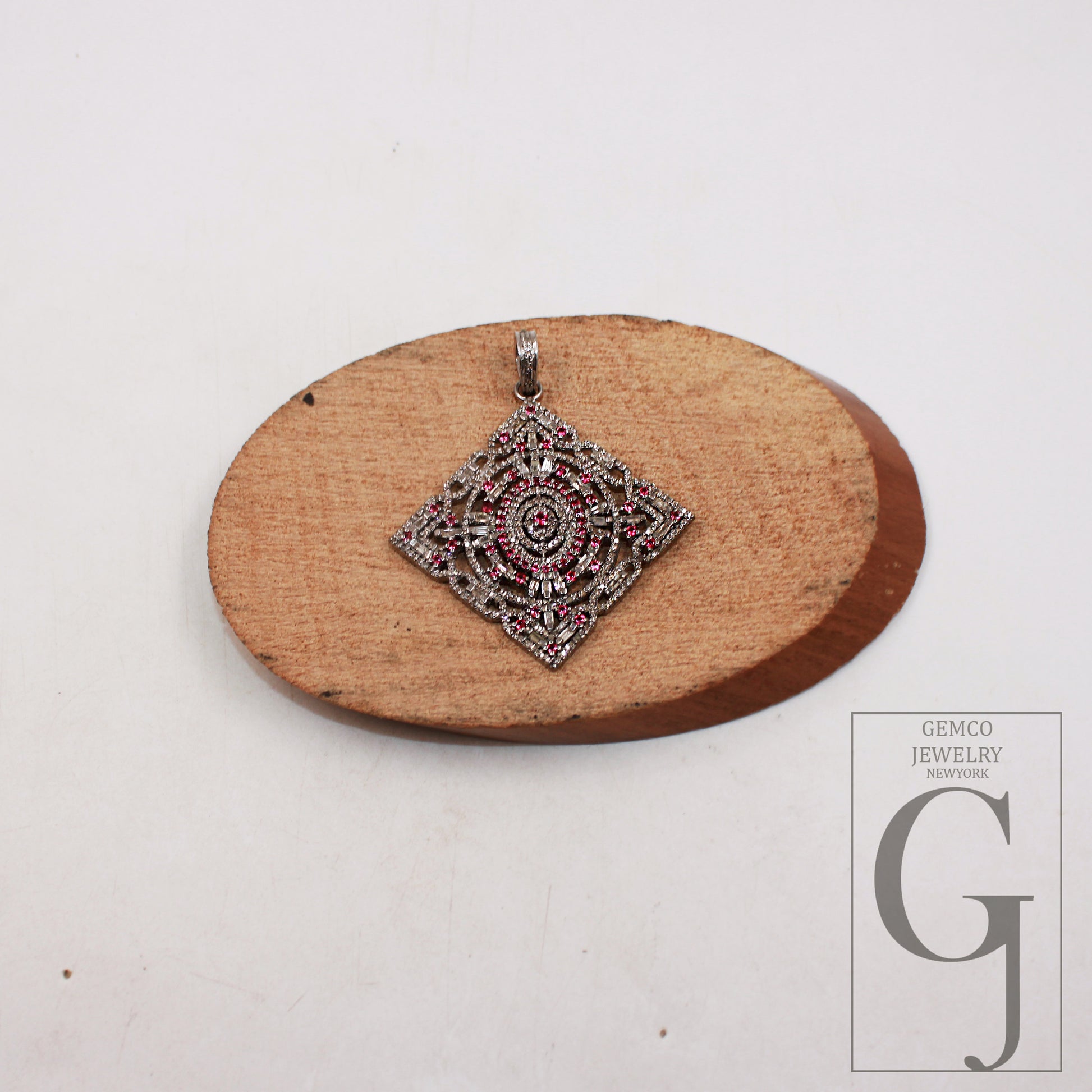 Pink sapphire pendant baguette diamond pendant Rosecut pave diamond pendant sterling silver handmade finish design diamond pendant jewelry