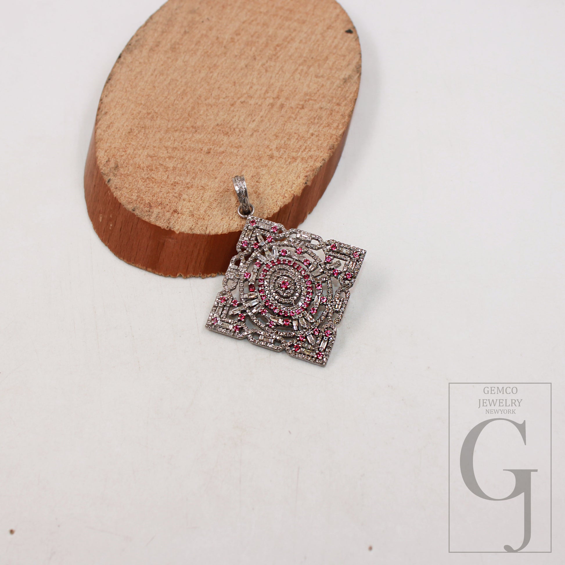 Pink sapphire pendant baguette diamond pendant Rosecut pave diamond pendant sterling silver handmade finish design diamond pendant jewelry