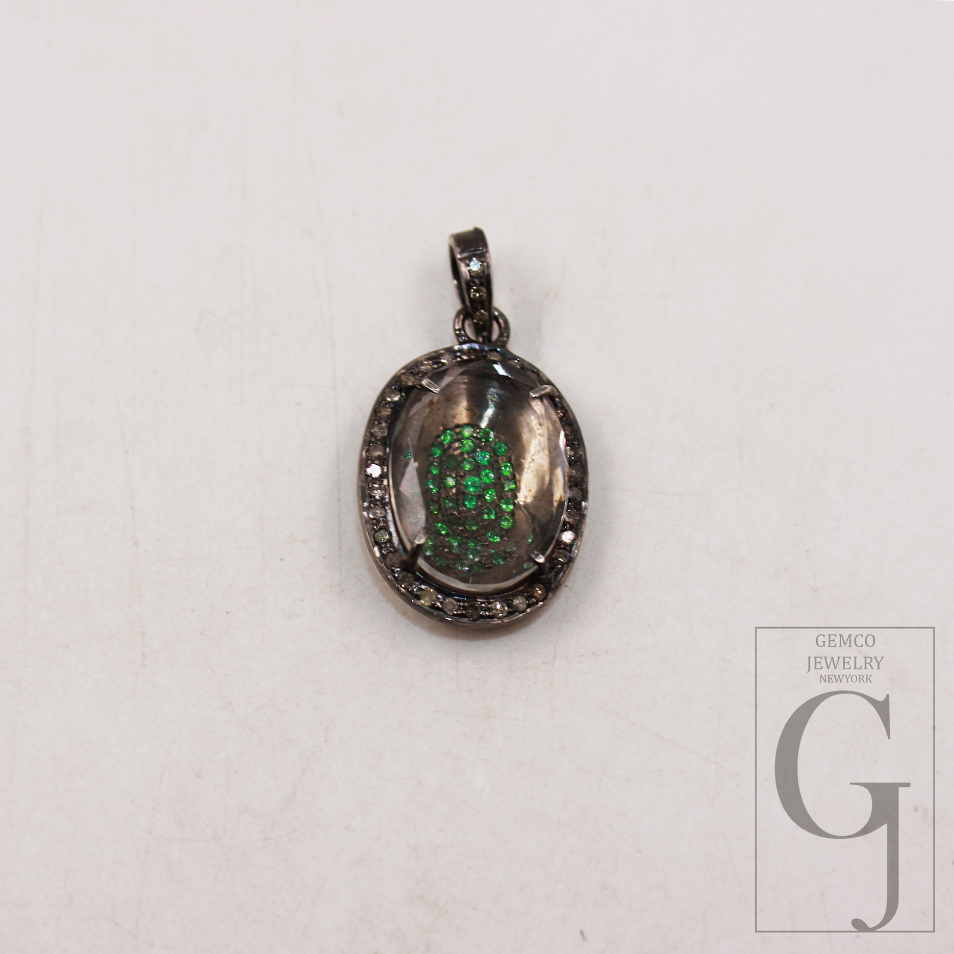 Beautiful Designer Rosecut Pave Diamond Pendant 925 Sterling Silver Handmade Finish Natural Oval Crystal Stone Center Stone  Diamond Jewelry